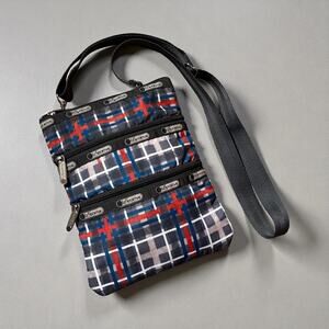 LeSportsac 3-Zip Adjustable Crossbody Bag Travel Small Multi-Color Plaid Nylon